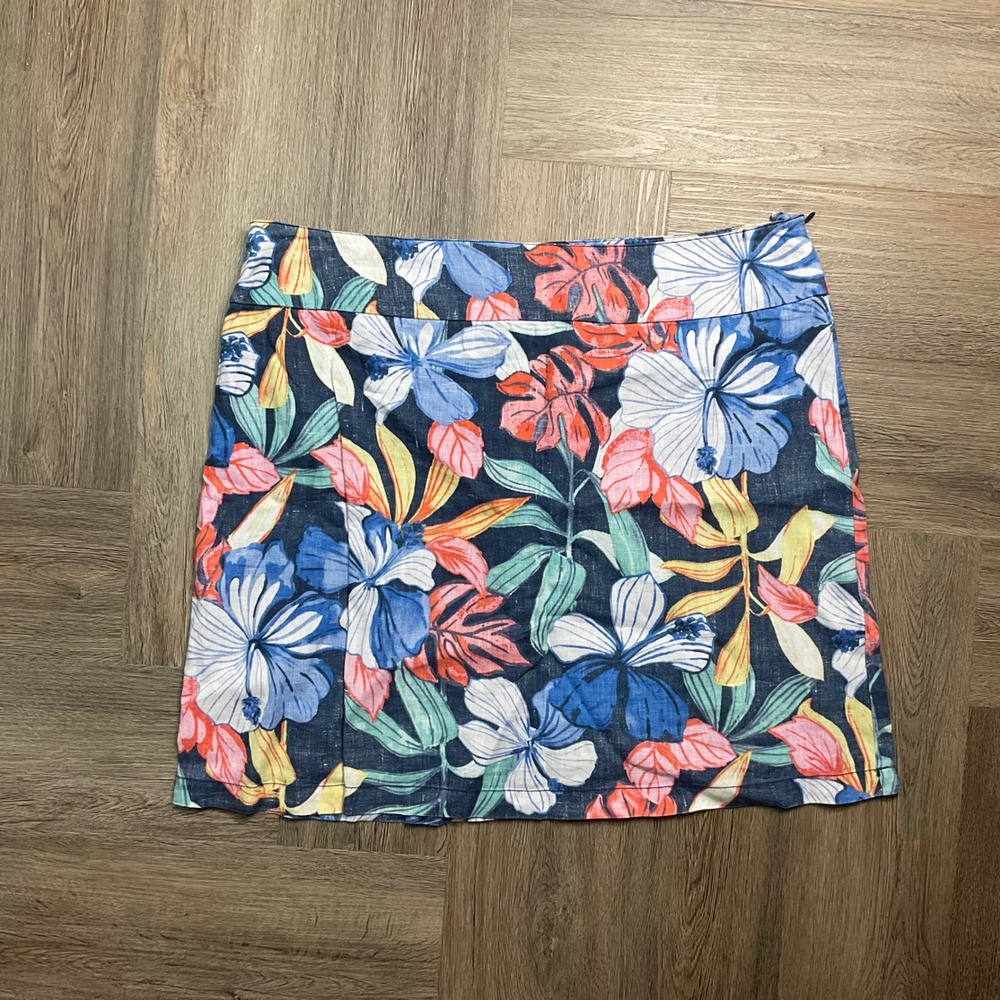 Tommy Bahama Linen Tropical Hibiscus Floral Lined Mini Skirt Womens 14 Navy Blue